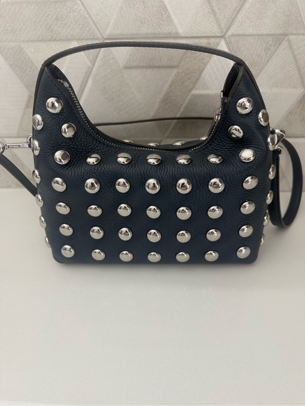 Michael Kors Navy Studded Pebbled Leather Shoulder Bag - Picture 4 of 5